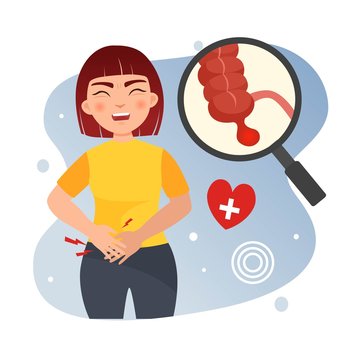 Vector illustration of a cute girl holding on to her stomach. The concept of diseases of the gastrointestinal tract. Appendicitis.