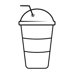 Paper cup with straw, plastic dome and fresh beverage vector illustration in black and white.