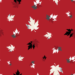 Seamless pattern with patterned leaves. Complex illustration print in grey, black, white and red.
