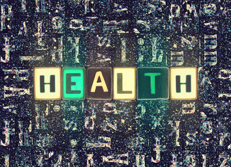 The word Health as neon glowing unique typeset symbols, luminous letters health