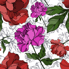 Vector Peony floral botanical flowers. Black and white engraved ink art. Seamless background pattern.