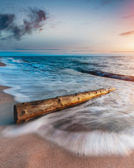 Wooden pole washed out in the beach during sunset in Baltic Sea. 