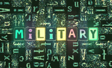 The word Military as neon glowing unique typeset symbols, luminous letters military