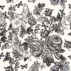 Elegant floral vector vintage pattern with roses, flowers and butterflies