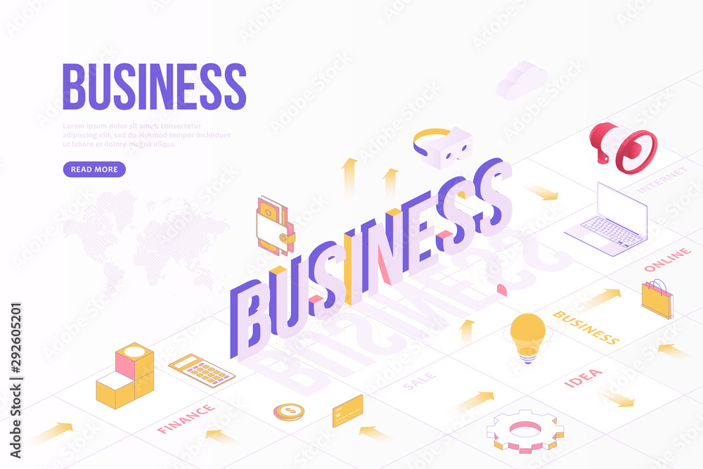 Aufkleber business web banner concept. creative design template with isometric objects and three dimensional t