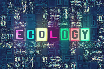 The word Ecology as neon glowing unique typeset symbols, luminous letters ecology