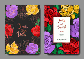 Vector rose floral botanical flowers. Black and white engraved ink art. Wedding background card decorative border.