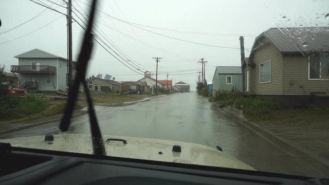 Pov shot driving a jeep during a storm in Nome, Alaska.