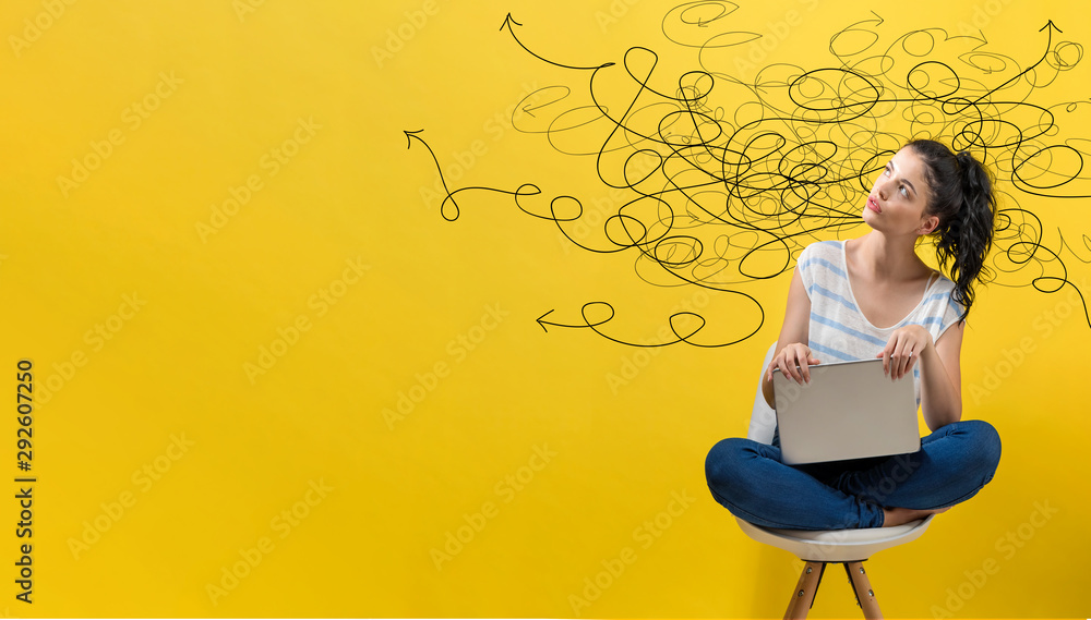 Poster solving a problem concept with young woman using a laptop computer
