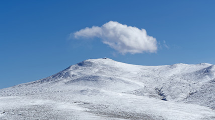 White clouds floating over snow mountains with blue sky background, beautiful landscape of China southwest.