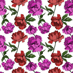 Vector Peony floral botanical flowers. Black and white engraved ink art. Seamless background pattern.