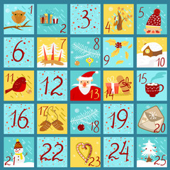 Advent calendar in doodle style. Yellow and blue colors.