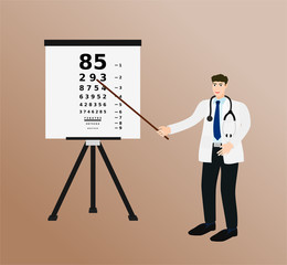 Doctor standing and pointing to eye test chart , health care concept