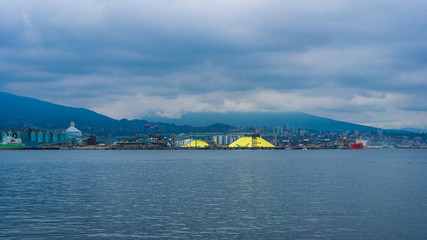 Vancouver Harbour in British Colombia Canada with Yellow Sulfur Piles