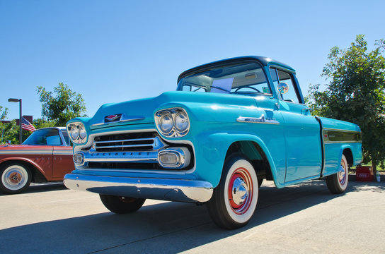 Front view of a vintage 1958 Chevrolet Apache pickup truck classic car on October 19, 2013 in Westlake, Texas.