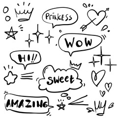 Cartoon dialogs cloud with princess elements doodle style