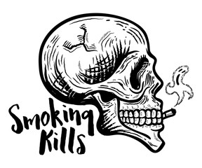 Skull smoking. with ghost smoke. Vector Isolated. Monochrome illustration of skull - vector