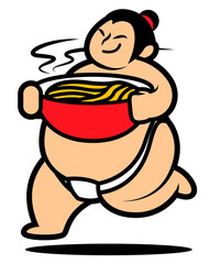 Cartoon  Japanese SUMO player mascot deliver a big bowl of hot ramen - vector character illustration