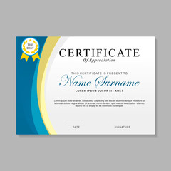 Certificate template design with blue, white and yellow color.