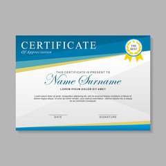 Certificate template design with blue, white and yellow color.
