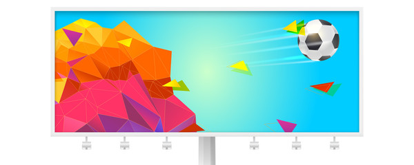 Billboard with modern sport banner for football tournament, competition or championship. Soccer ball flying for goal. Geometric background with abstract colored triangles. Vector 3d illustration.