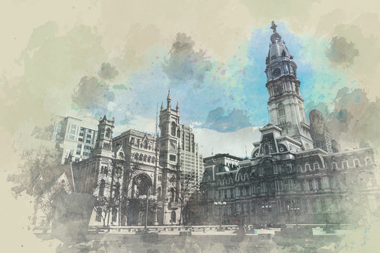 Digital Watercolor Scene of Philadelphia city hall, Masonic Temple and Arch Street United Methodist Church, Architecture and building with tourist, illustration and art concept