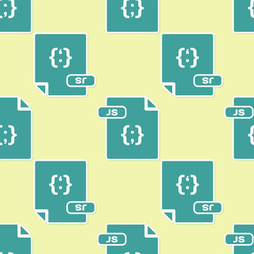 Green JS file document. Download js button icon isolated seamless pattern on yellow background. JS file symbol. Vector Illustration