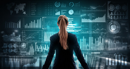 Big Data Technology for Business Finance Analytic Concept. Modern graphic interface shows massive...