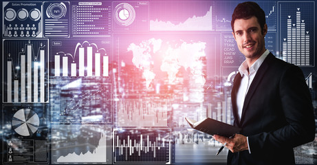 Data Analysis for Business and Finance Concept. Graphic interface showing future computer technology of profit analytic, online marketing research and information report for digital business strategy.