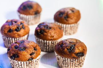 Top side view of muffins with chocolate chips
