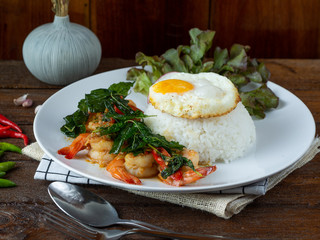 Spicy fried shrimp with basil and chili, serve with rice and egg in white ceramic plate on wood table, Thai style food.