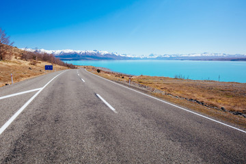 Lake Pukaki Driving on a Sunny Day in New Zealand