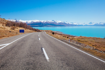 Lake Pukaki Driving on a Sunny Day in New Zealand