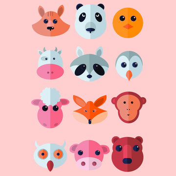 Cartoon Collection Head Animal Flat Design Illustration