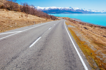 Lake Pukaki Driving on a Sunny Day in New Zealand