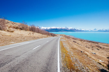 Lake Pukaki Driving on a Sunny Day in New Zealand