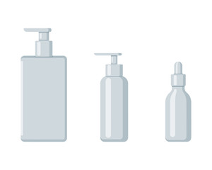 Plastic bottle set design flat oil and beverage. Set containers of different capacities large small tare.