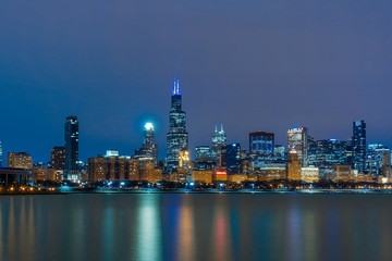 Chicago Cityscape Skyscraper river side along Lake Michigan at beautiful twilight time, Illinois, United States of america, USA, Business Architecture and building with tourist concept