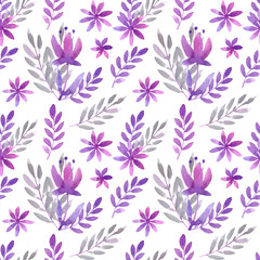 Fototapeta na wymiar Seamless pattern with floral arrangements, watercolor purple flowers and leaves