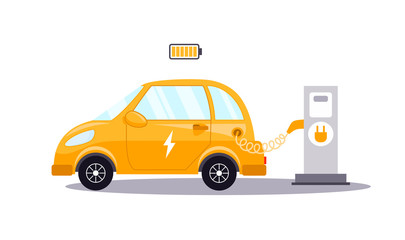 An electric car charges from an electric vehicle charging station. Concept of preserving the green environment, ecology. Caring for the future. Vector flat illustration isolated on white background.