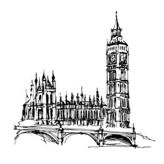 Elizabeth Tower, Big Ben sight. UK symbol hand drawn line art sketch on white background.