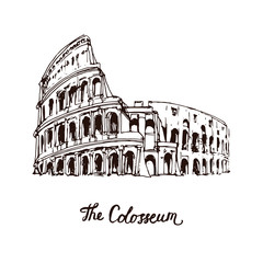 Italian sight: the Colosseum. Hand drawn doodle sketch on white background. Line art stock vector illustration.