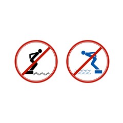 No jumping set. Dangerous dive. Sign danger on beach, in river, sea, aqua. Warning of danger during jump in. Colorful template for poster, etc. Design flat element. Vector illustration