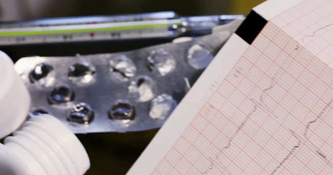 Camera movement from electrocardiogram to empty tablet package and mercury thermometer