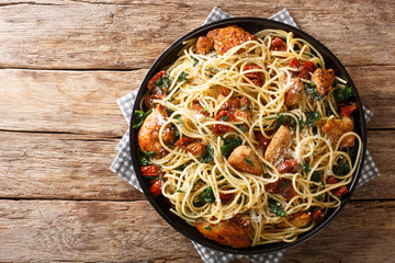 Portion of spaghetti with dried tomatoes, sliced chicken, Parmesan and spinach, close-up on a plate. Horizontal top view