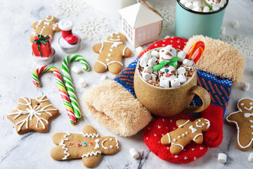 Cup of hot chocolate decorated with marshmallows