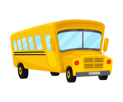 Yellow School Bus Of Corner Projection With Curved Roof In Comic Style