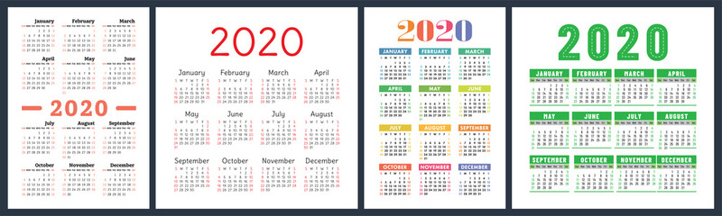 Calendar 2020 year set. Vector square and vertical calender design template. Colorful English collection. Week starts on Sunday