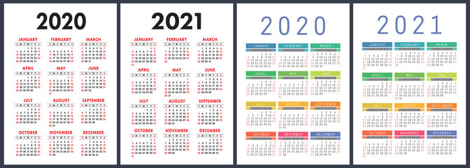 Calendar 2020, 2021 years. Colorful vector set. Week starts on Sunday. Vertical English calender design template