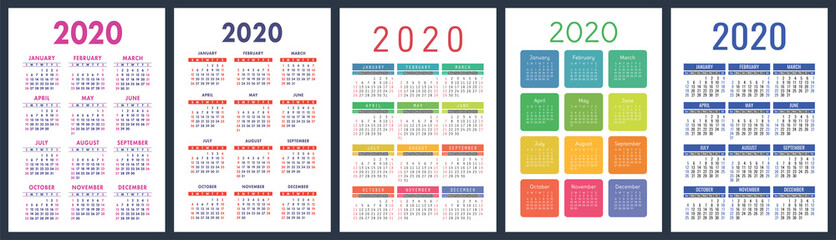 Calendar 2020 year set. Vector vertical calender design template. Colorful English collection. Week starts on Sunday